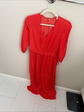 Bright orange  V-Neck Tiered Midi Dress - Women's